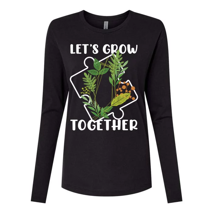 Let's Grow Together Autism Puzzle Piece Plants Meme Gift Womens Cotton Relaxed Long Sleeve T-Shirt