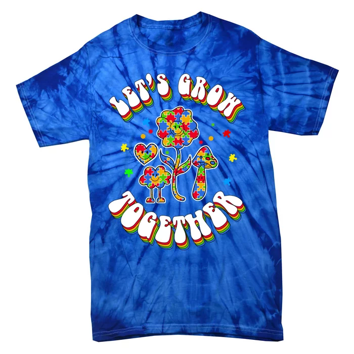 Let's Grow Together Puzzle Flowers Autism Support Great Gift Tie-Dye T-Shirt