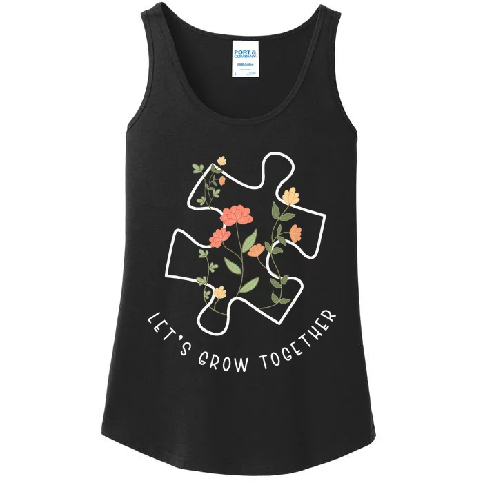 Lets Grow Together Puzzle Flowers Autism Support Ladies Essential Tank