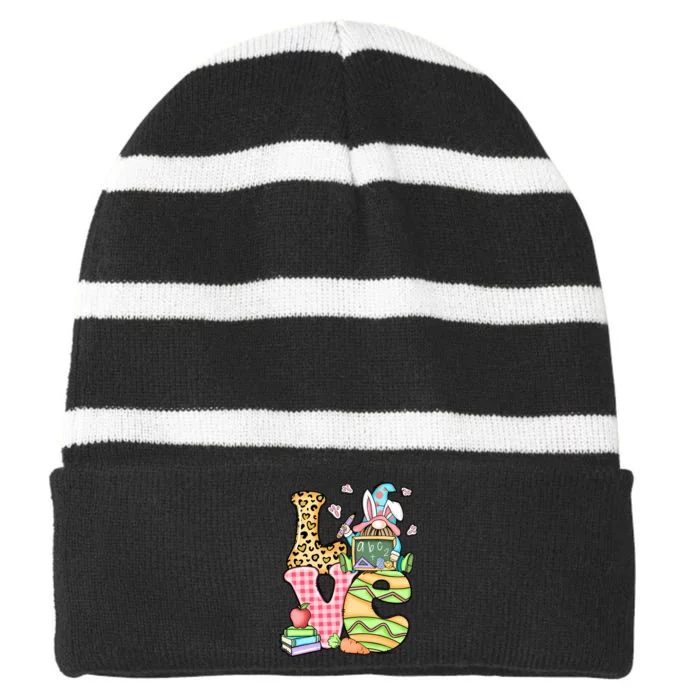 Love Gnome Teacher Easter Day Gift Leopard Striped Beanie with Solid Band