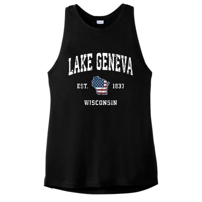 Lake Geneva Wisconsin Wi Vintage American Flag Sports Design Ladies Tri-Blend Wicking Tank