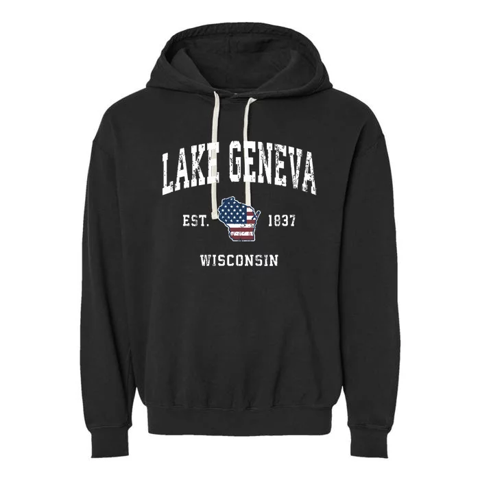 Lake Geneva Wisconsin Wi Vintage American Flag Sports Design Garment-Dyed Fleece Hoodie