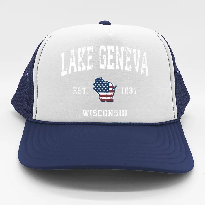 Lake Geneva Wisconsin Wi Vintage American Flag Sports Design Trucker Hat