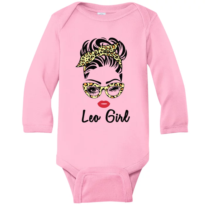 Leo Girl Woman Face Leopard Bandana Wink Eye July Girl Baby Long Sleeve Bodysuit