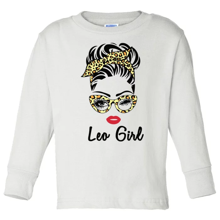 Leo Girl Woman Face Leopard Bandana Wink Eye July Girl Toddler Long Sleeve Shirt