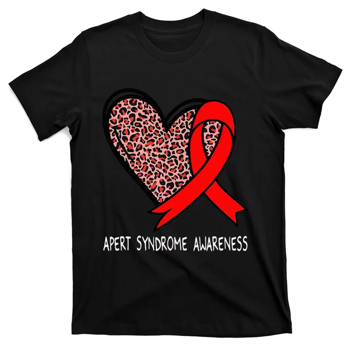 Leopard Heart Apert Syndrome Awareness Red Ribbon T-Shirt