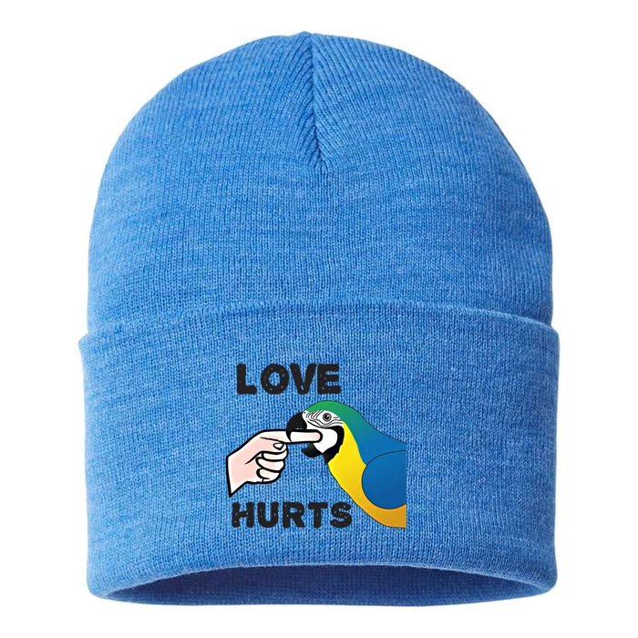 Love Hurts Blue And Gold Macaw Parrot Gift Sustainable Knit Beanie