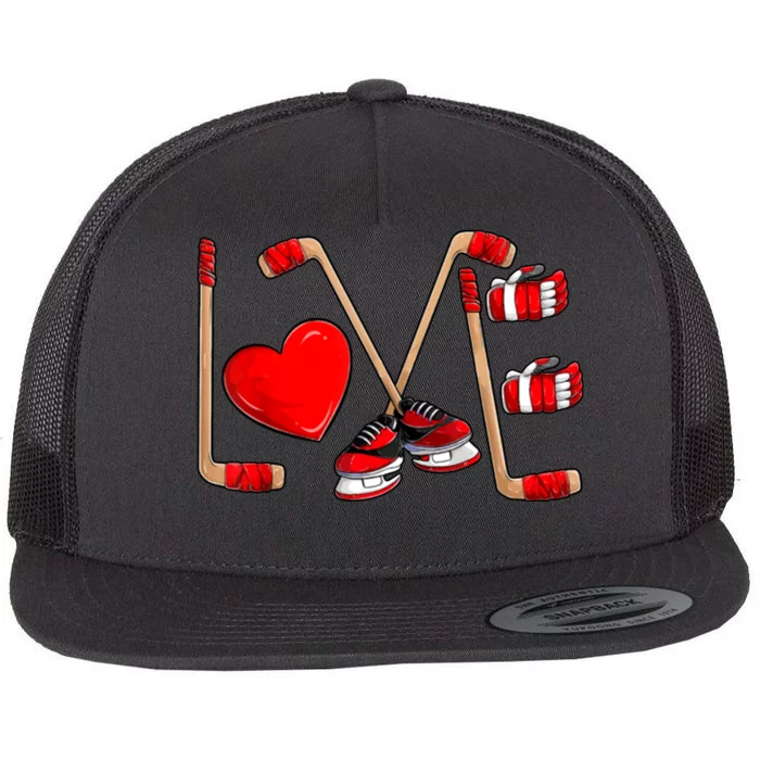 Love Hockey Cute Valentines Flat Bill Trucker Hat