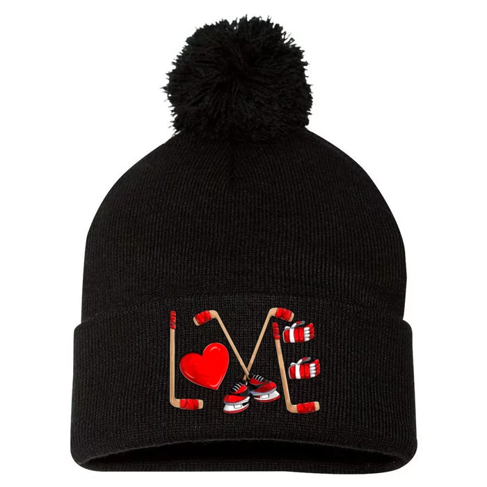 Love Hockey Cute Valentines Pom Pom 12in Knit Beanie