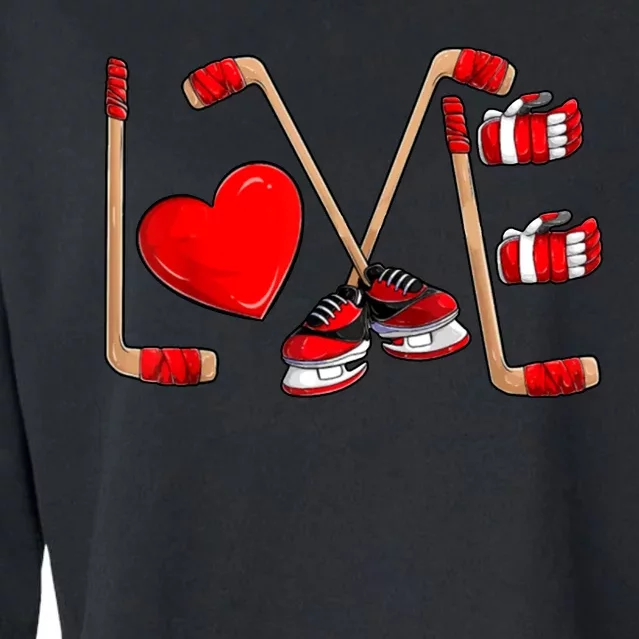 Love Hockey Cute Valentines Cropped Pullover Crew