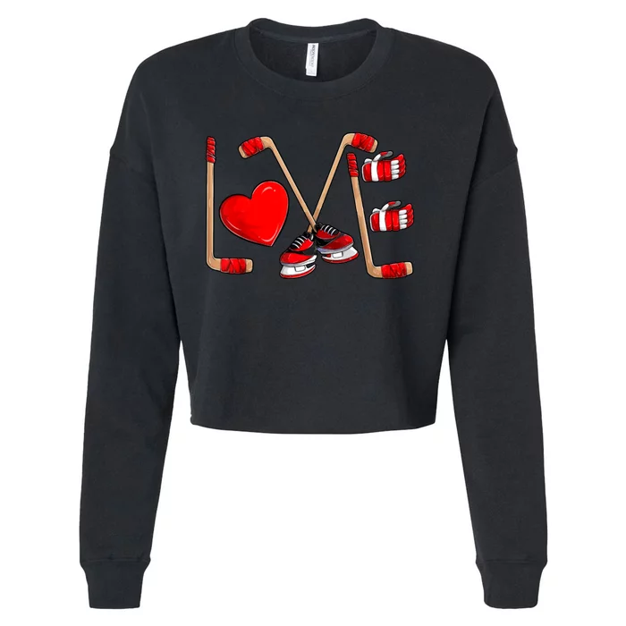 Love Hockey Cute Valentines Cropped Pullover Crew