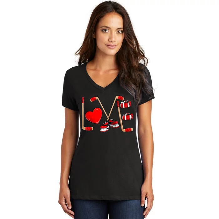 Love Hockey Cute Valentines Women's V-Neck T-Shirt