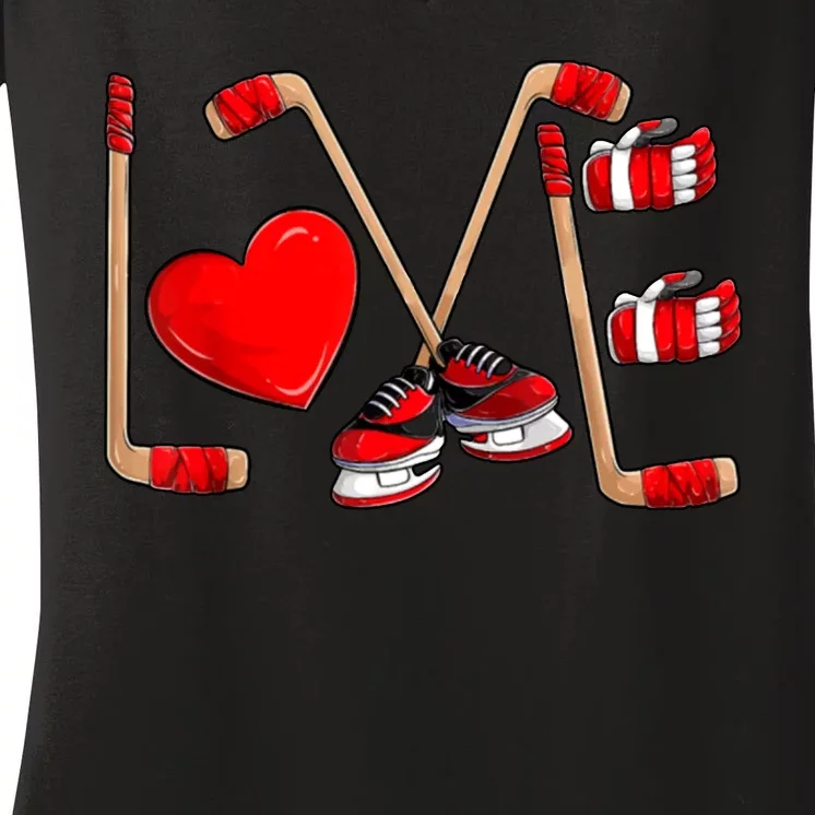 Love Hockey Cute Valentines Women's V-Neck T-Shirt