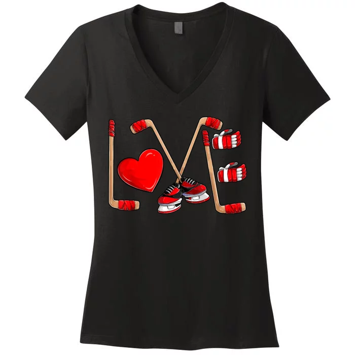 Love Hockey Cute Valentines Women's V-Neck T-Shirt