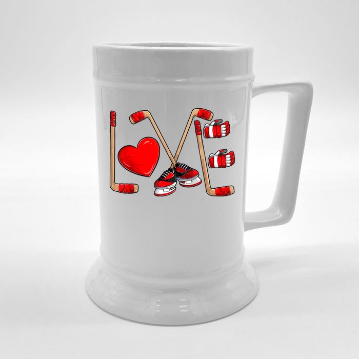 Love Hockey Cute Valentines Front & Back Beer Stein