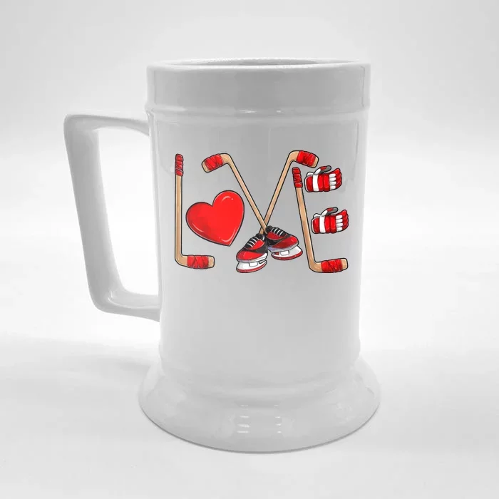 Love Hockey Cute Valentines Front & Back Beer Stein