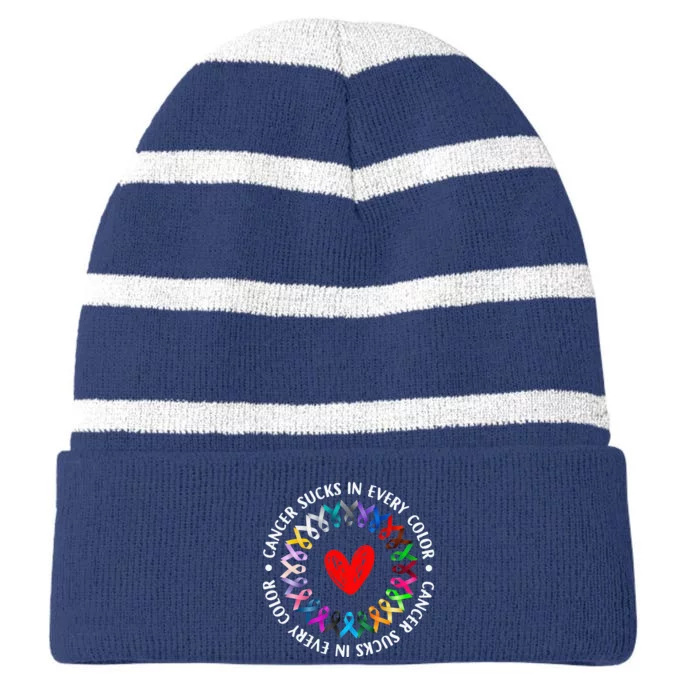 Love Hope Cure Cancer Awareness World Cancer Striped Beanie with Solid Band