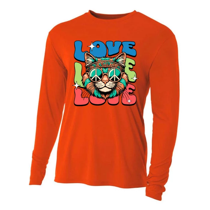 Love Hippie Cat Retro 80s Peace Cooling Performance Long Sleeve Crew