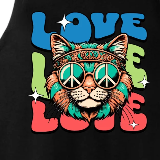 Love Hippie Cat Retro 80s Peace Ladies Tri-Blend Wicking Tank