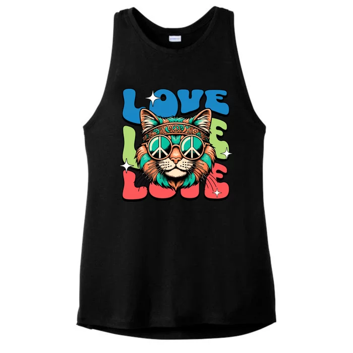 Love Hippie Cat Retro 80s Peace Ladies Tri-Blend Wicking Tank