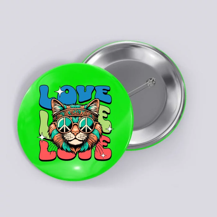 Love Hippie Cat Retro 80s Peace Button