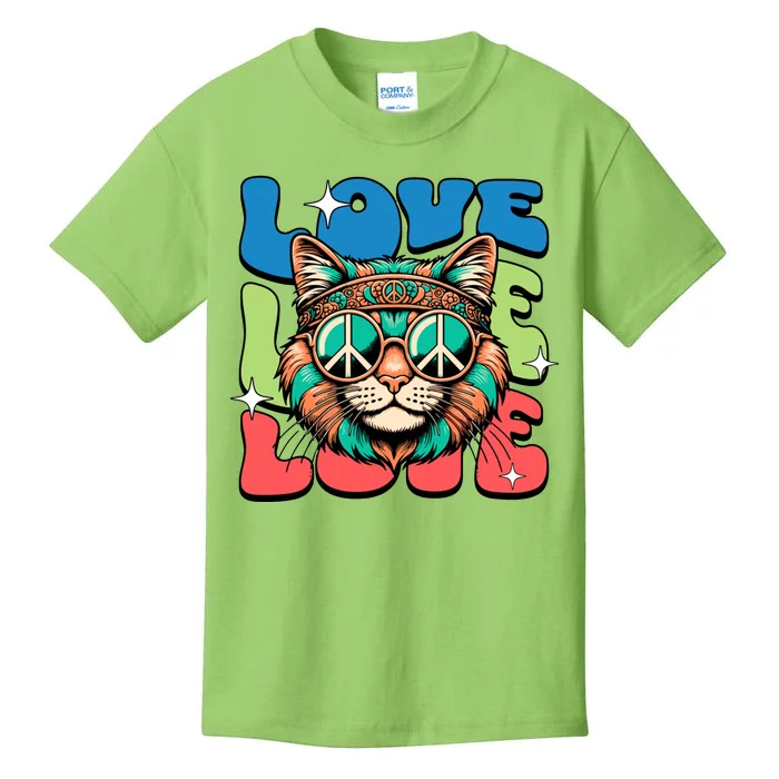 Love Hippie Cat Retro 80s Peace Kids T-Shirt