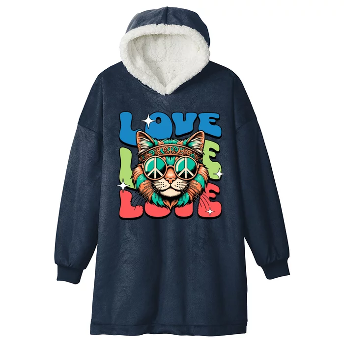 Love Hippie Cat Retro 80s Peace Hooded Wearable Blanket