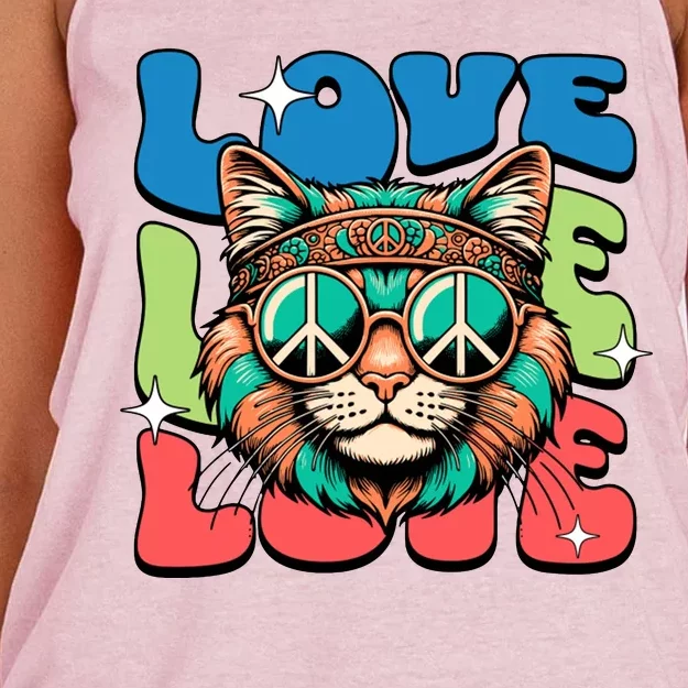 Love Hippie Cat Retro 80s Peace Women's Knotted Racerback Tank