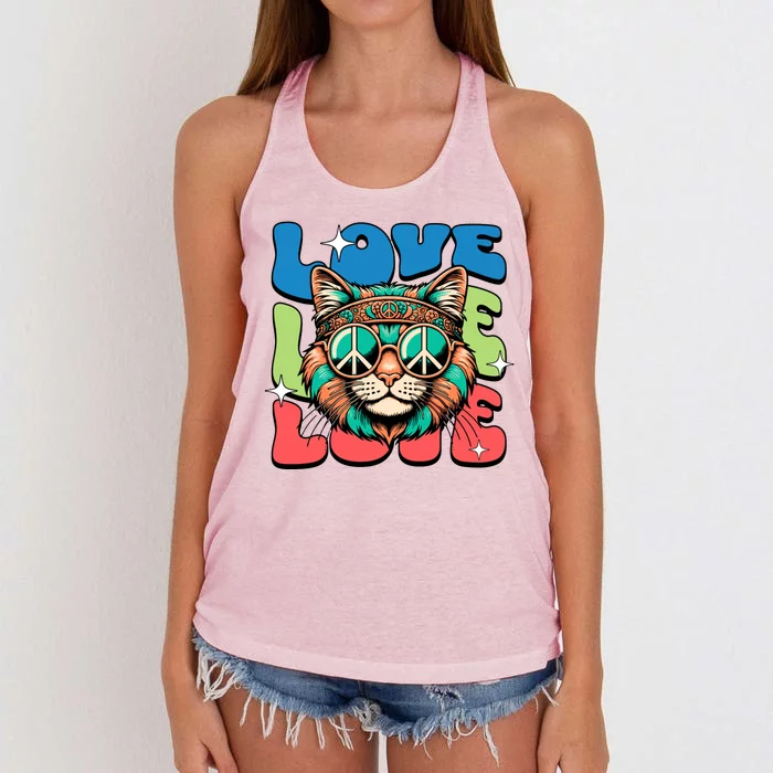 Love Hippie Cat Retro 80s Peace Women's Knotted Racerback Tank