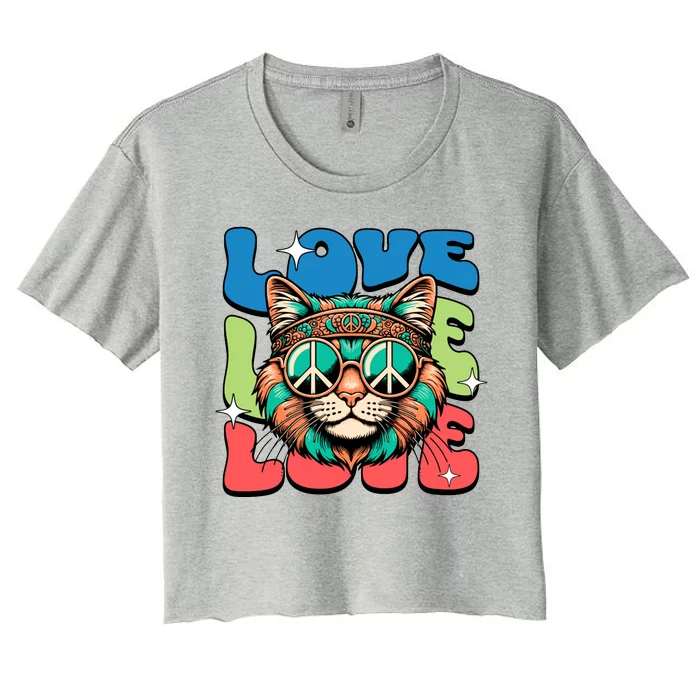 Love Hippie Cat Retro 80s Peace Women's Crop Top Tee