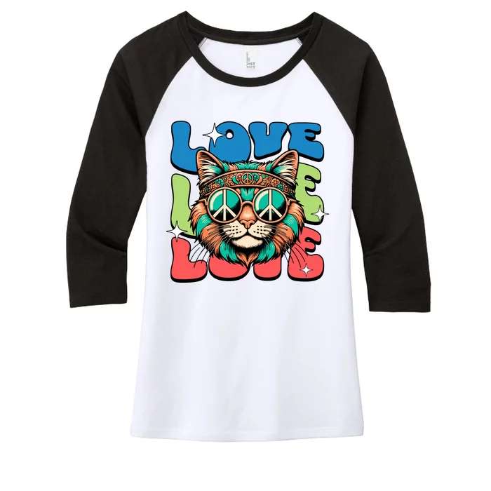 Love Hippie Cat Retro 80s Peace Women's Tri-Blend 3/4-Sleeve Raglan Shirt