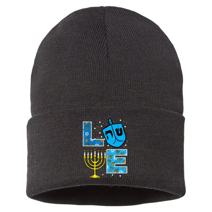 Love Hanukkah Dreidel Menorah Jewish Chanukah Sustainable Knit Beanie