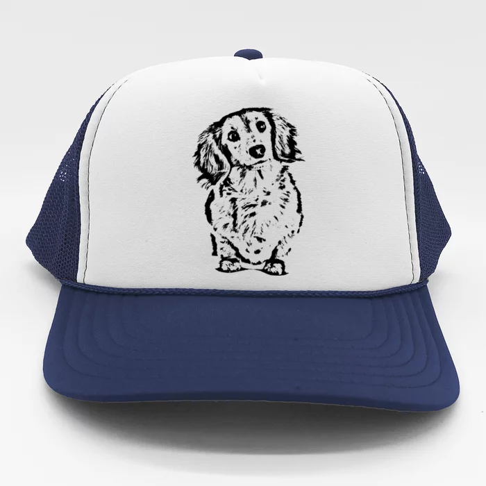 Long Haired Dachshund Wiener Gift Cute Head Tilt Dog Mom Dad Gift Trucker Hat