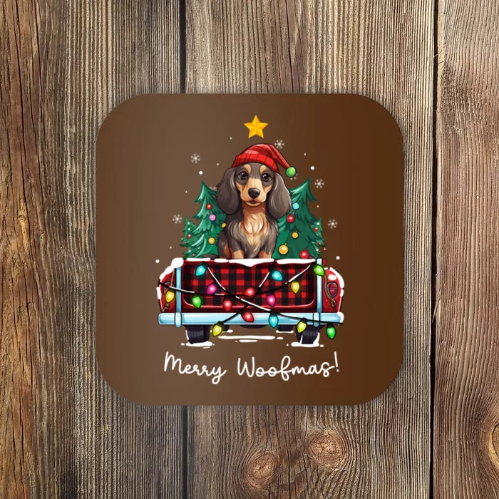 Long Haired Dachshund Christmas Dog Truck Plaid Funny Xmas Coaster