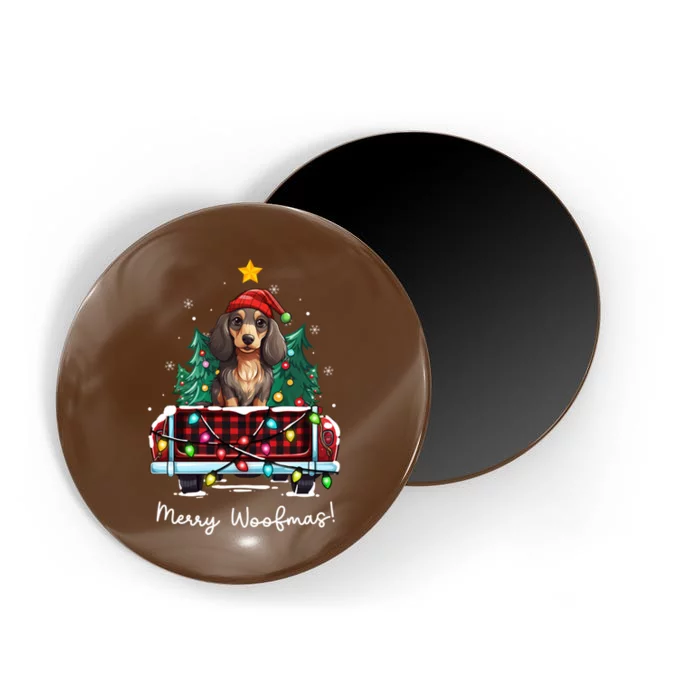 Long Haired Dachshund Christmas Dog Truck Plaid Funny Xmas Magnet