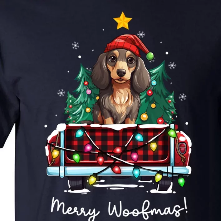 Long Haired Dachshund Christmas Dog Truck Plaid Funny Xmas Tall T-Shirt