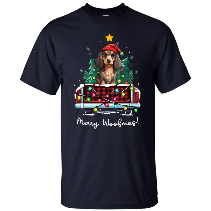 Long Haired Dachshund Christmas Dog Truck Plaid Funny Xmas Tall T-Shirt