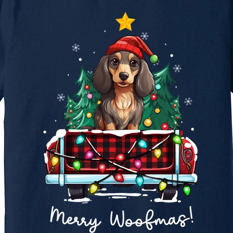 Long Haired Dachshund Christmas Dog Truck Plaid Funny Xmas Premium T-Shirt