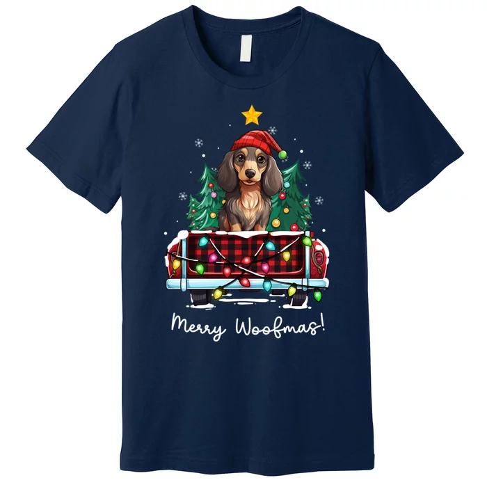 Long Haired Dachshund Christmas Dog Truck Plaid Funny Xmas Premium T-Shirt