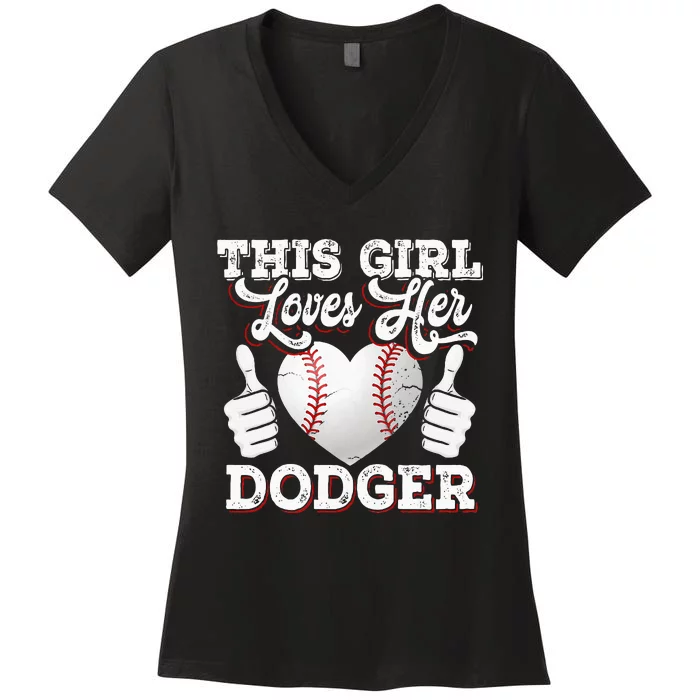 Loves Her Dodger Baseball Sport Cute Gift Women's V-Neck T-Shirt