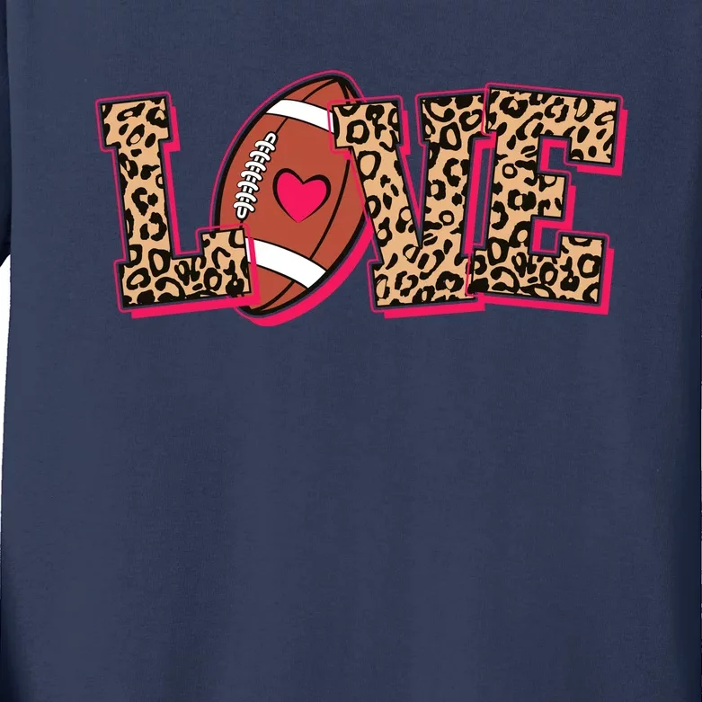 Love Heart Football Sports Fan Cute Leopard Print Kids Long Sleeve Shirt