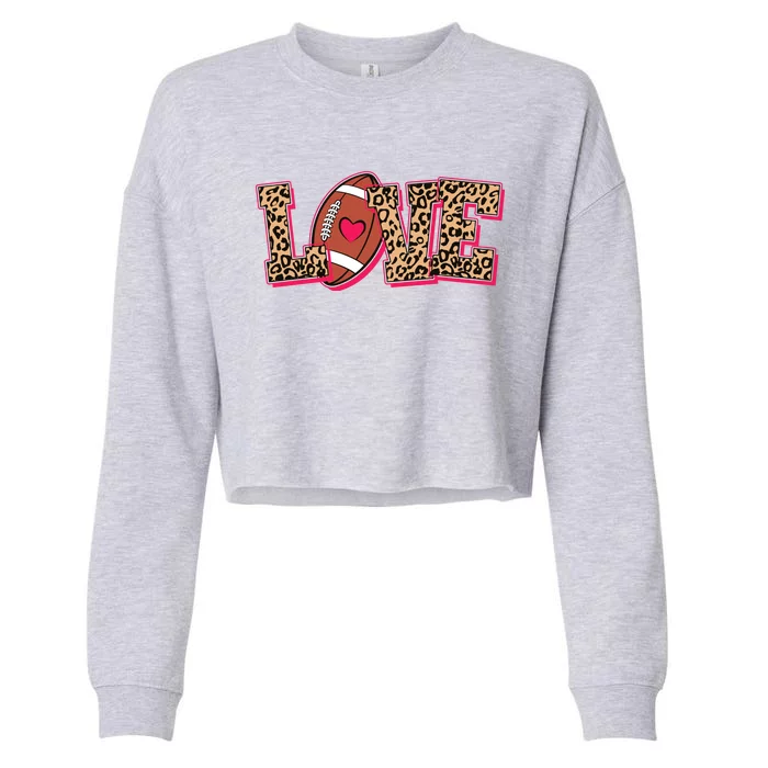 Love Heart Football Sports Fan Cute Leopard Print Cropped Pullover Crew