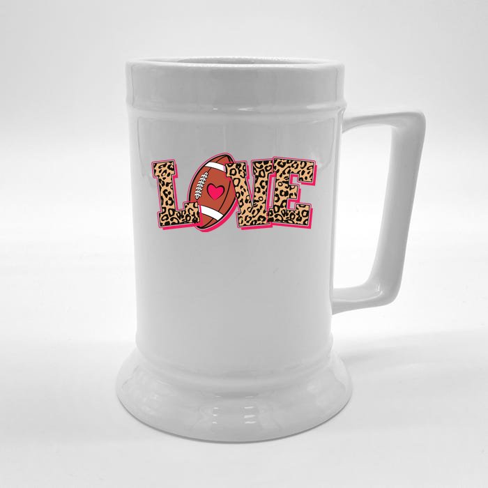 Love Heart Football Sports Fan Cute Leopard Print Front & Back Beer Stein