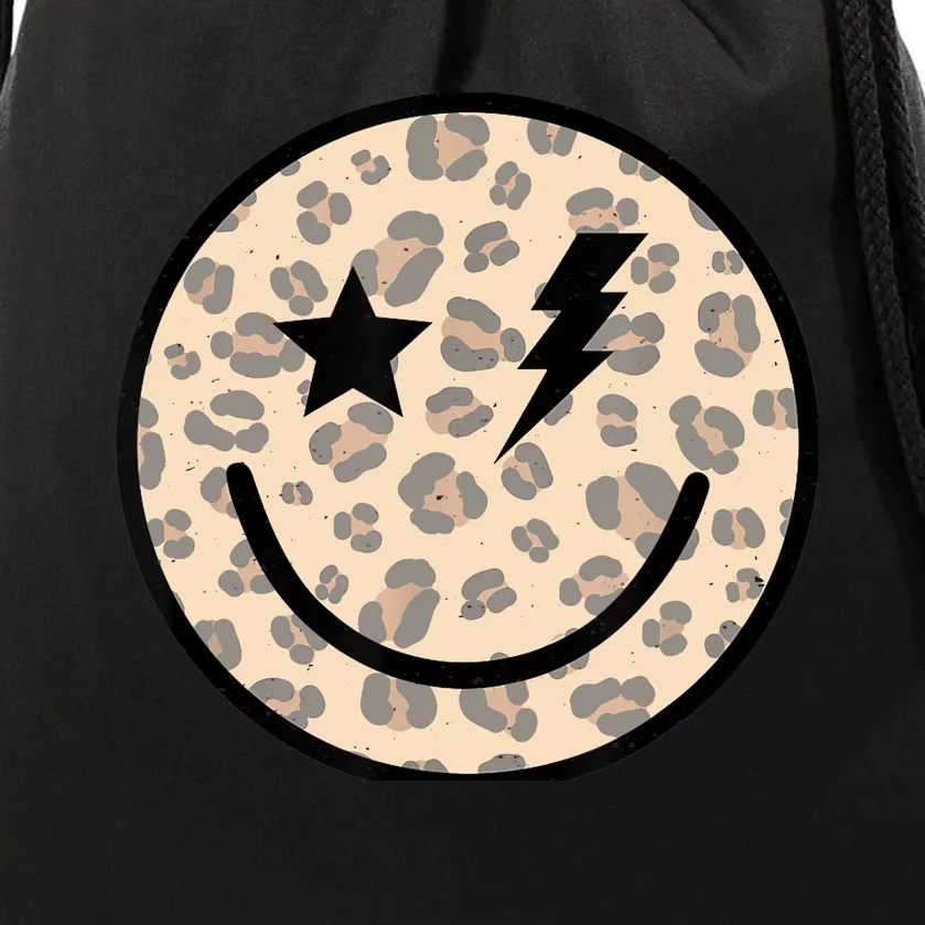 Leopard Happy Face Funny Retro Groovy Smile Face Meme Trendy Drawstring Bag