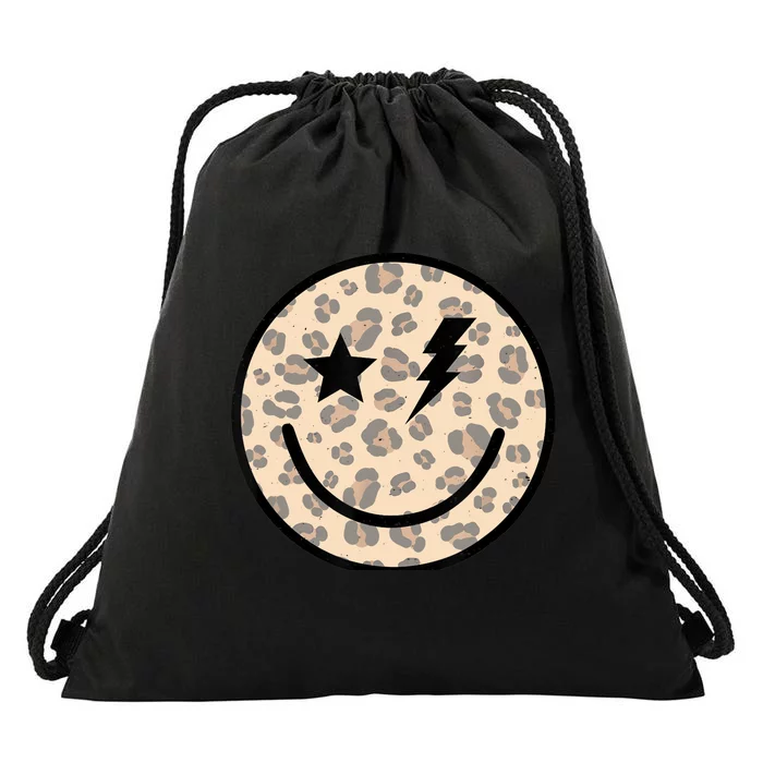 Leopard Happy Face Funny Retro Groovy Smile Face Meme Trendy Drawstring Bag