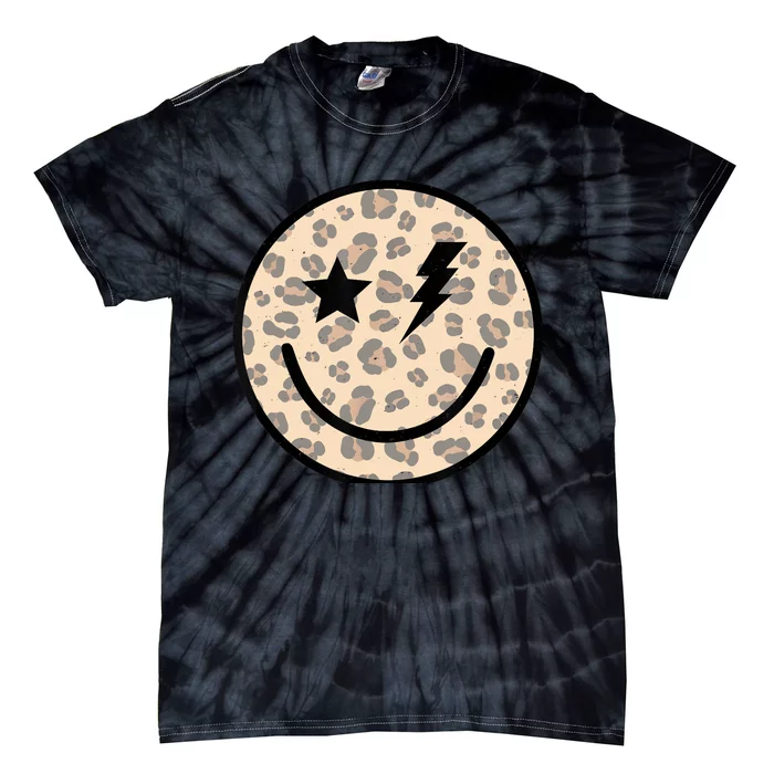 Leopard Happy Face Funny Retro Groovy Smile Face Meme Trendy Tie-Dye T-Shirt