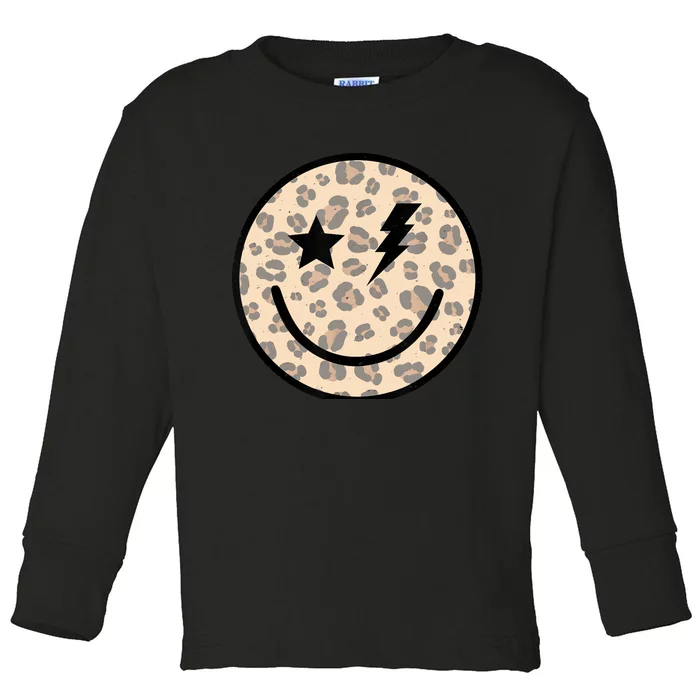 Leopard Happy Face Funny Retro Groovy Smile Face Meme Trendy Toddler Long Sleeve Shirt