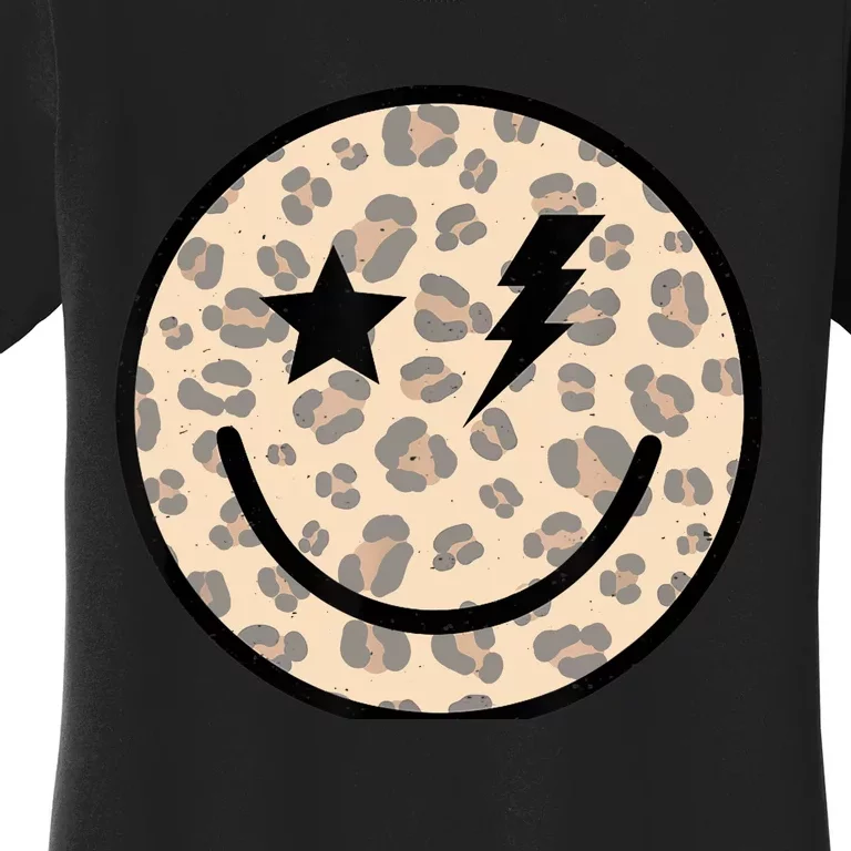 Leopard Happy Face Funny Retro Groovy Smile Face Meme Trendy Women's T-Shirt