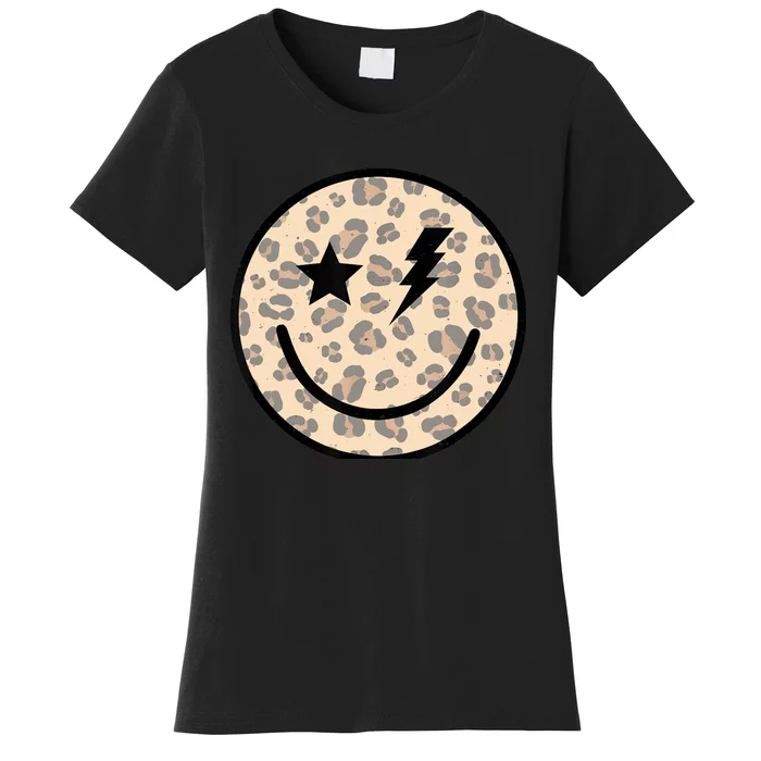 Leopard Happy Face Funny Retro Groovy Smile Face Meme Trendy Women's T-Shirt