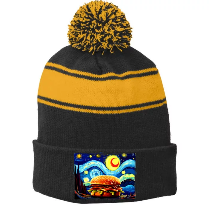 Love Hamburger Food Burger Van Gogh Stripe Pom Pom Beanie